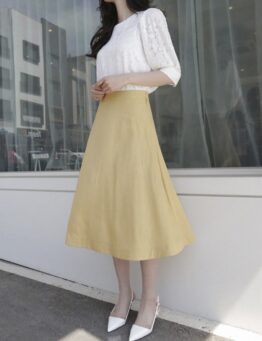 正韓  亞麻混紡素色長裙 made in korea
