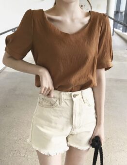 正韓 復古純棉高腰抽鬚短褲 made in korea
