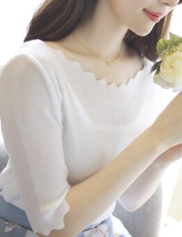 正韓  波浪領口彈性針織上衣 made in korea
