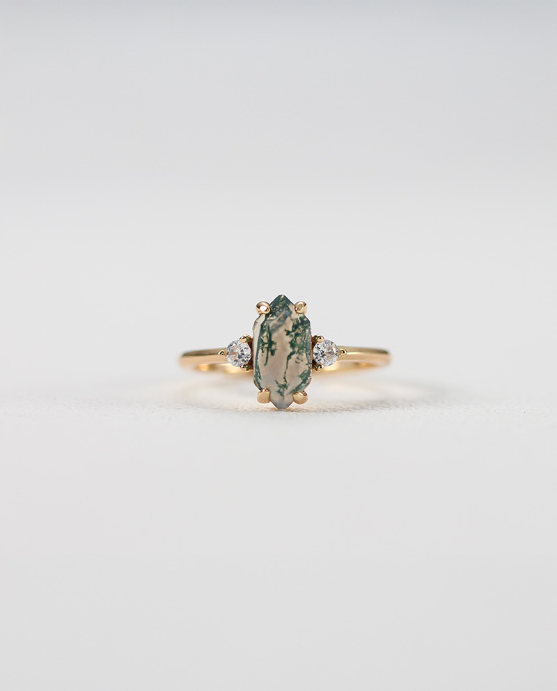 六角切割苔蘚瑪瑙戒指